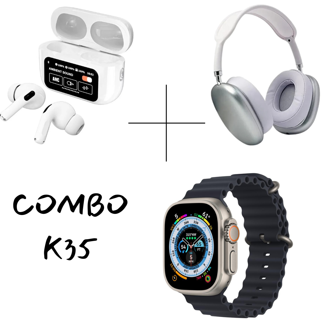 ✨ ¡Lleva la tecnología al máximo con el Combo K35: Reloj Smartwatch, Diadema Inalámbrica y Audífonos Bluetooth! 🎧⌚🎶