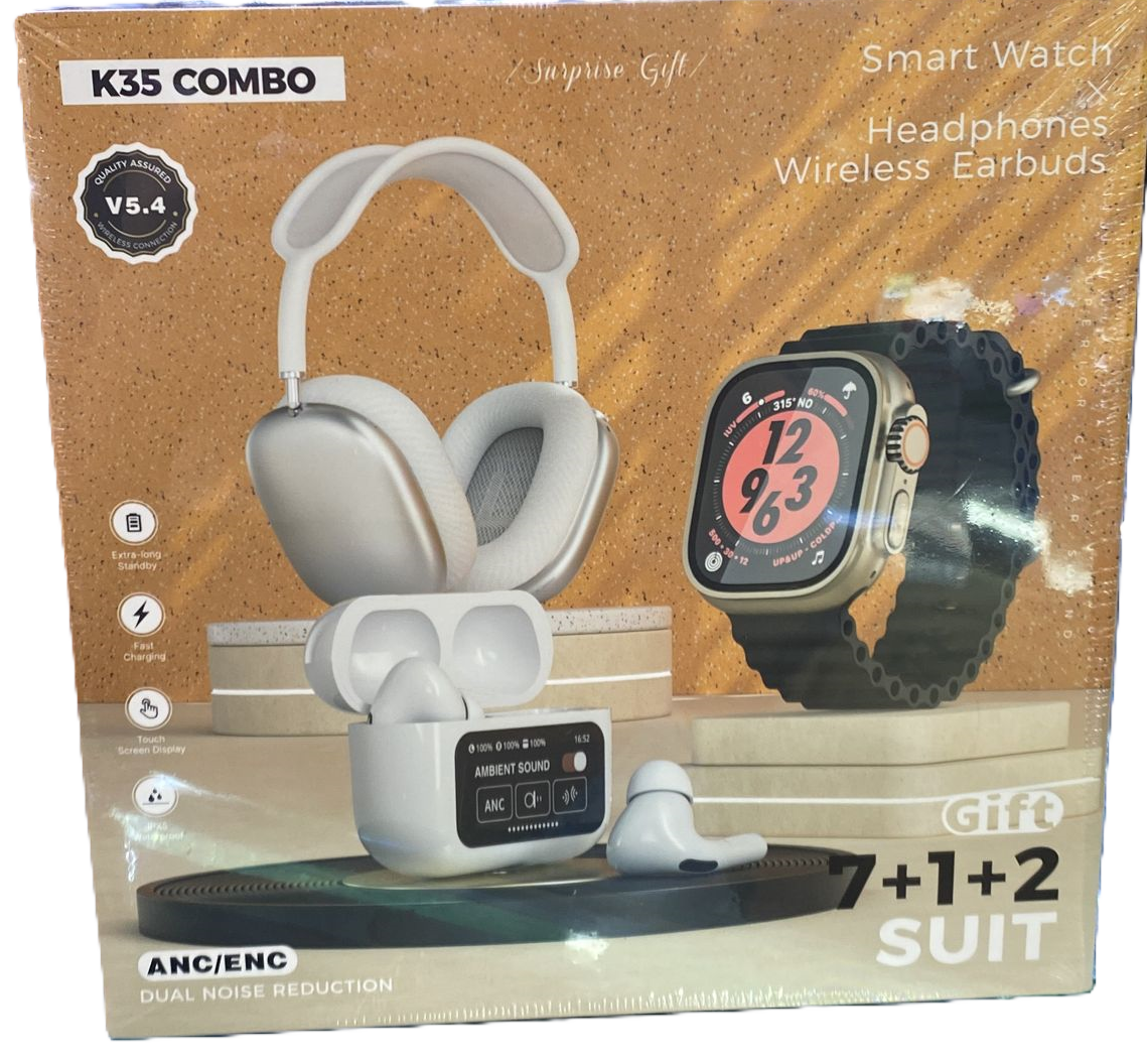 ✨ ¡Lleva la tecnología al máximo con el Combo K35: Reloj Smartwatch, Diadema Inalámbrica y Audífonos Bluetooth! 🎧⌚🎶