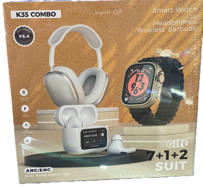 ✨ ¡Lleva la tecnología al máximo con el Combo K35: Reloj Smartwatch, Diadema Inalámbrica y Audífonos Bluetooth! 🎧⌚🎶