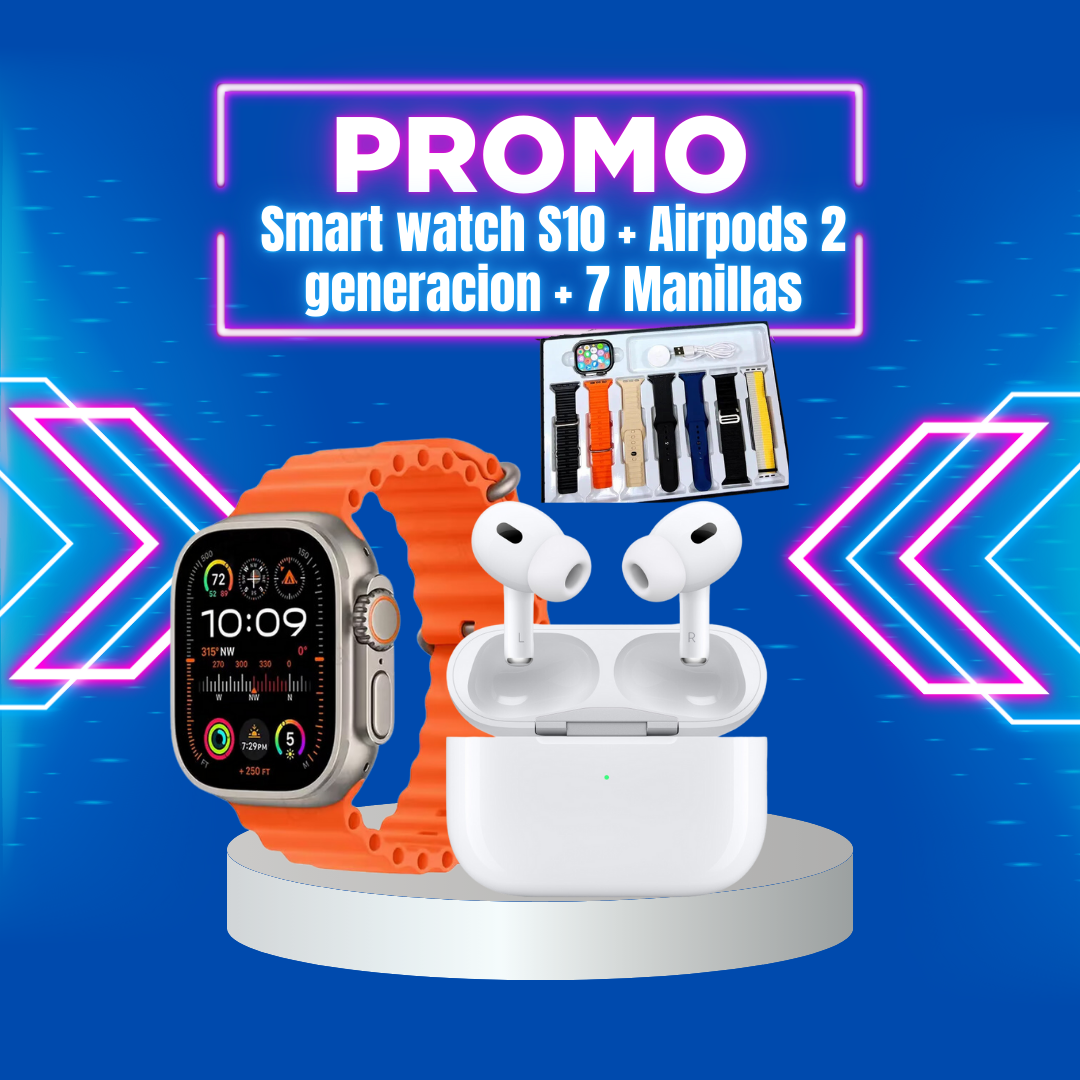 COMBO SMART WATCH S10 + AIRPODS SEGUNDA GENERA + 7 CORREAS DE RELOJ